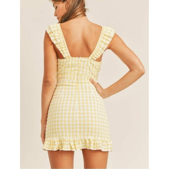 SNDYS The Label Tie Front Yellow Gingham Ruffle Mini Dress Large - Picture 10 of 11